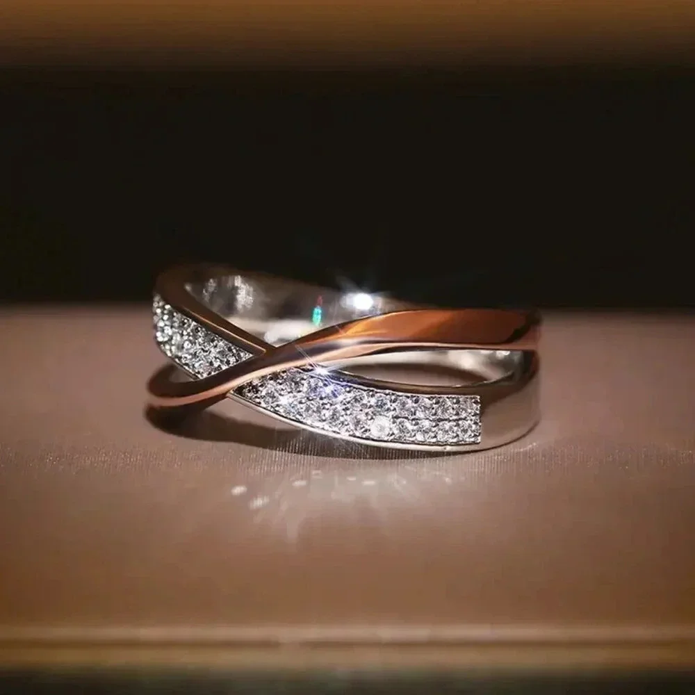 925 Silver Rose Gold Diamond Cross Ring Band